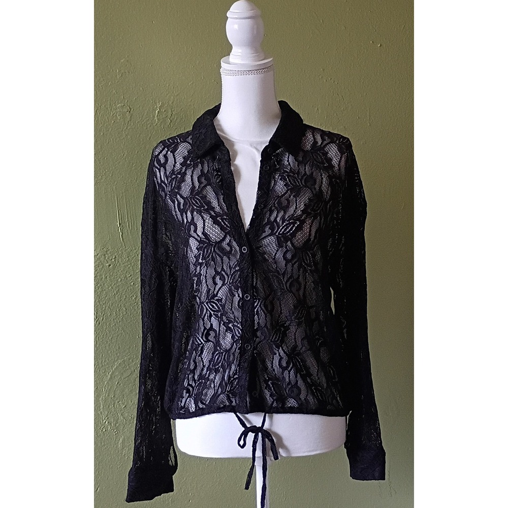 Gothic Romantic Black Lace Royalcore Adrianna Papell Button Blouse Women S Small